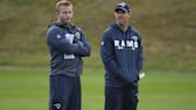 Oct 20, 2017; London, United Kingdom; Los Angeles Rams coach Sean McVay (left) and offensive coordinator Matt LaFleur react during practice at the Pennyhill Park Hotel & Spa. Mandatory Credit: Kirby Lee-Imagn Images