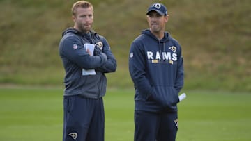 Oct 20, 2017; London, United Kingdom; Los Angeles Rams coach Sean McVay (left) and offensive coordinator Matt LaFleur react during practice at the Pennyhill Park Hotel & Spa. Mandatory Credit: Kirby Lee-Imagn Images
