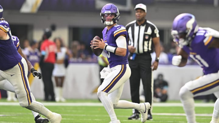 Aug 10, 2024; Minneapolis, Minnesota, USA; Minnesota Vikings quarterback J.J. McCarthy (9) looks to pass during the second quarter against the Las Vegas Raiders at U.S. Bank Stadium. Mandatory Credit: Jeffrey Becker-USA TODAY Sports