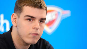 Nikola Topic speaks during an introductory press conference for the 2024 Thunder draft picks at Oklahoma Contemporary Arts Center in Oklahoma City, Saturday, June, 29, 2024.