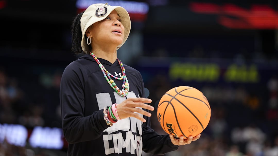 Apr 5, 2025; Tampa, FL, USA; South Carolina Gamecocks  head coach Dawn Staley looks on during practice before the NCAA Woman’s Basketball final at Amalie Arena. Mandatory Credit: Nathan Ray Seebeck-Imagn Images