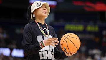 Apr 5, 2025; Tampa, FL, USA; South Carolina Gamecocks  head coach Dawn Staley looks on during practice before the NCAA Woman’s Basketball final at Amalie Arena. Mandatory Credit: Nathan Ray Seebeck-Imagn Images