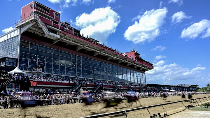 May 17, 2025; Baltimore, Maryland, USA;  Entrees of the Race 8 - the Chick Lang Stakes finish the race in front of the Pimlico Race Track grandstands.