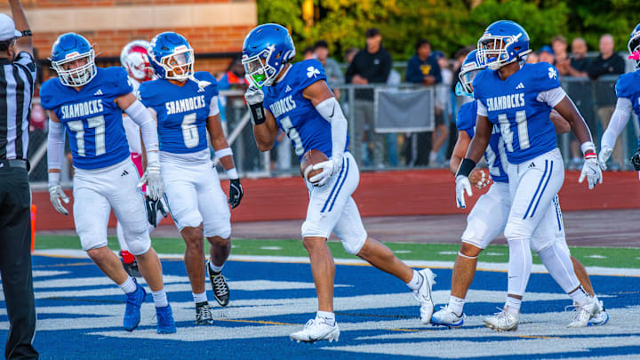 Detroit Catholic Central's Samson Gash celebrates a touchdown during a football game on Friday, Aug. 29, 2025.