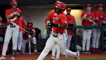 GeorgiaÕs Robbie Burnett (10) scores a run during a NCAA baseball game against Kentucky on March 14, 2025.