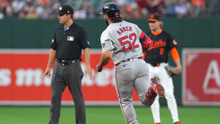 Aug 15, 2024; Baltimore, Maryland, USA; Boston Red Sox outfielder Wilyer Abreu (52) rounds the bases following his fourth inning solo home run against the Baltimore Orioles at Oriole Park at Camden Yards. Mandatory Credit: Mitch Stringer-USA TODAY Sports