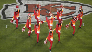 Jan 15, 2017; Kansas City, MO, USA; Kansas City Chiefs cheerleaders perform at midfield on the Chiefs logo during the AFC Divisional playoff game between the Pittsburgh Steelers and the Chiefs at Arrowhead Stadium. Mandatory Credit: Kirby Lee-USA TODAY Sports
