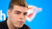 Nikola Topic speaks during an introductory press conference for the 2024 Thunder draft picks at Oklahoma Contemporary Arts Center in Oklahoma City, Saturday, June, 29, 2024.