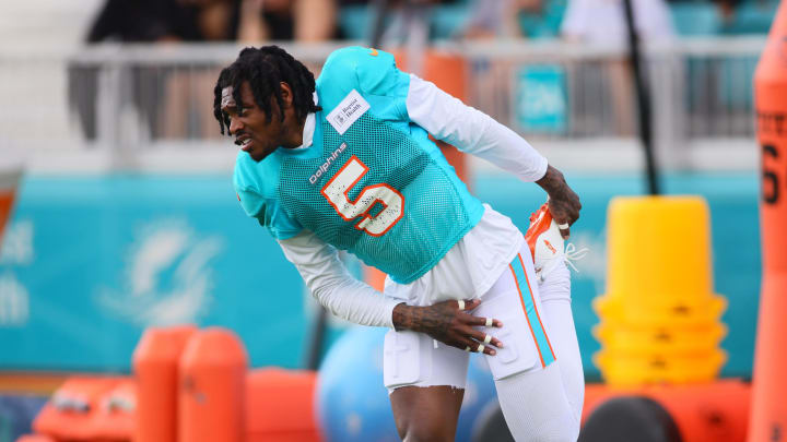 Aug 6, 2024; Miami Gardens, FL, USA; Miami Dolphins cornerback Jalen Ramsey (5) works out during a joint practice with the Atlanta Falcons at Baptist Health Training Complex. Mandatory Credit: Sam Navarro-USA TODAY Sports