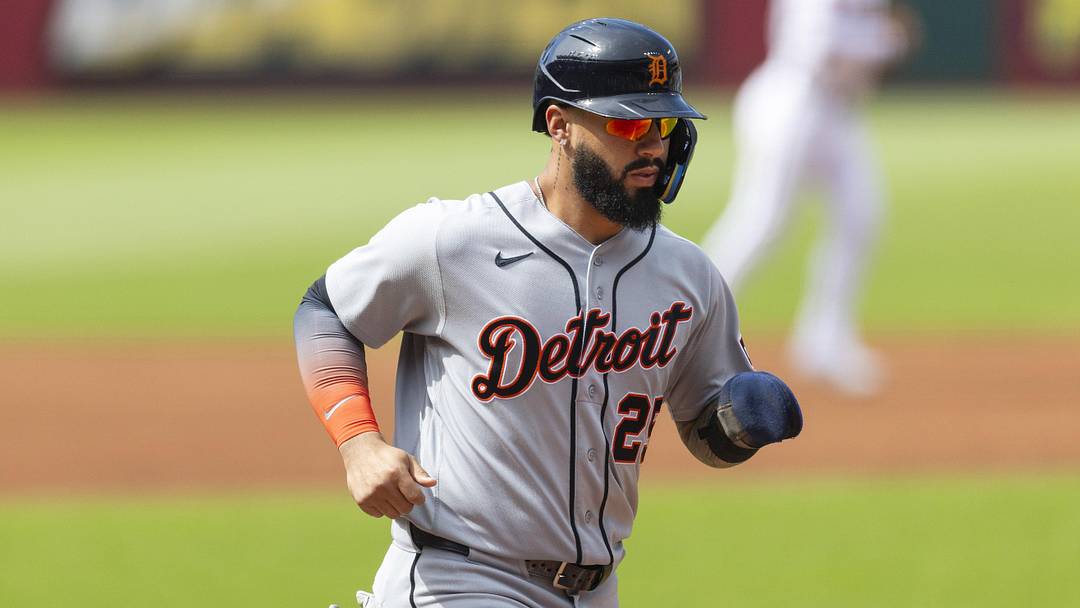 Jun 13, 2026; Cleveland, Ohio, USA; Detroit Tigers second baseman Gleyber Torres (25) crosses home plate to score the first run of the game against the Cleveland Guardians during the first inning at Progressive Field. Mandatory Credit: Scott Galvin-Imagn Images