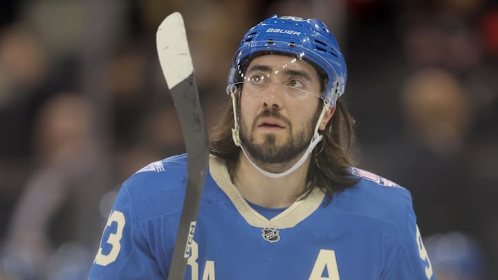 Feb 5, 2026; New York, New York, USA; New York Rangers center Mika Zibanejad (93) skates against the Carolina Hurricanes during the first period at Madison Square Garden. Mandatory Credit: Brad Penner-Imagn Images