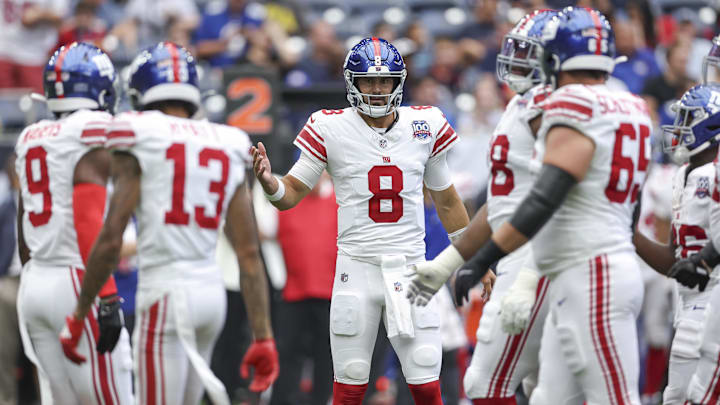 Aug 17, 2024; Houston, Texas, USA; New York Giants quarterback Daniel Jones (8) reacts during the second quarter against the Houston Texans at NRG Stadium.  