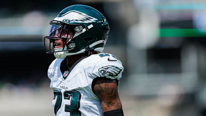 Aug 24, 2024; Philadelphia, Pennsylvania, USA; Philadelphia Eagles cornerback Eli Ricks (23) looks on during the second quarter against the Minnesota Vikings at Lincoln Financial Field. Mandatory Credit: Caean Couto-Imagn Images