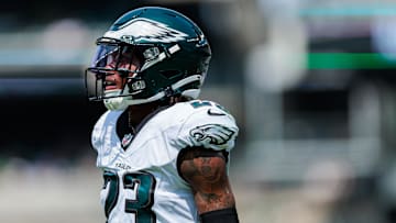 Aug 24, 2024; Philadelphia, Pennsylvania, USA; Philadelphia Eagles cornerback Eli Ricks (23) looks on during the second quarter against the Minnesota Vikings at Lincoln Financial Field.