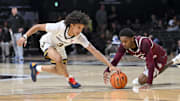 Nov 20, 2025; Nashville, Tennessee, USA;  Vanderbilt Commodores guard Tyler Tanner (3) steals the ball from Texas Southern Tigers guard Jaylen Wysinger (5) during the first half at Memorial Gymnasium. Mandatory Credit: Steve Roberts-Imagn Images