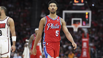 Mar 17, 2025; Houston, Texas, USA; Philadelphia 76ers guard Quentin Grimes (5) : Troy Taormina-Imagn Images