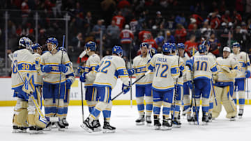 Feb 27, 2025; Washington, District of Columbia, USA; St. Louis Blues players celebrate after their game against the Washington Capitals at Capital One Arena. Mandatory Credit: Geoff Burke-Imagn Images