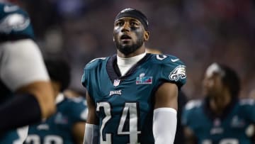 Feb 12, 2023; Glendale, Arizona, US; Philadelphia Eagles cornerback James Bradberry (24) against the Kansas City Chiefs during Super Bowl LVII at State Farm Stadium. Mandatory Credit: Mark J. Rebilas-USA TODAY Sports