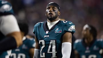 Feb 12, 2023; Glendale, Arizona, US; Philadelphia Eagles cornerback James Bradberry (24) against the Kansas City Chiefs during Super Bowl LVII at State Farm Stadium. Mandatory Credit: Mark J. Rebilas-Imagn Images
