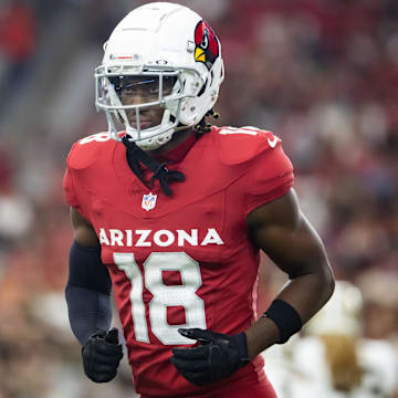 Aug 10, 2024; Glendale, Arizona, USA; Arizona Cardinals wide receiver Marvin Harrison Jr. (18) against the New Orleans Saints during a preseason NFL game at State Farm Stadium.