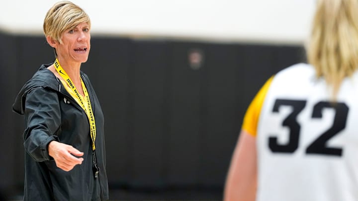 Iowa head coach Jan Jensen gives instructions during a women’s basketball practice July 1, 2025 at Carver-Hawkeye Arena in Iowa City, Iowa.