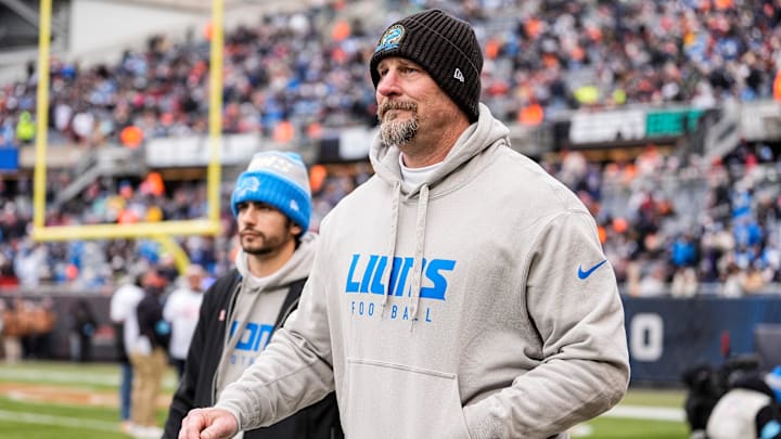 Detroit Lions head coach Dan Campbell takes the field before kickoff against Chicago Bears at Soldier Field in Chicago, Ill. on Sunday, Dec. 22, 2024.