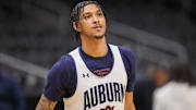 Mar 27, 2025; Atlanta, GA, USA; Auburn Tigers forward Jahki Howard (3) during NCAA Tournament South Regional Practice at State Farm Arena. Mandatory Credit: Brett Davis-Imagn Images