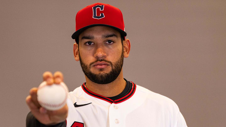 Feb 19, 2026: Cleveland Guardians pitcher Daniel Espino (66) during media day in Goodyear. 