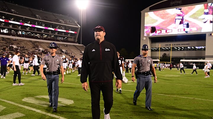 Aug 31, 2024; Starkville, Mississippi, USA; Mississippi State Bulldogs head coach Jeff Lebby walks off the field after defeating the Eastern Kentucky Colonels at Davis Wade Stadium at Scott Field. Mandatory Credit: Matt Bush-Imagn Images