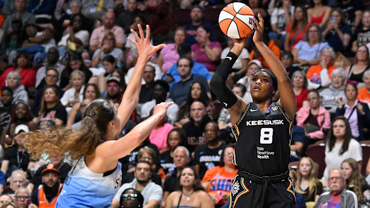 Aug 13, 2025; Uncasville, Connecticut, USA; Connecticut Sun forward Aaliyah Edwards (8) shoots the ball against Chicago Sky forward Maddy Westbeld (21) during the second half at Mohegan Sun Arena. : Eric Canha-Imagn Images