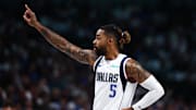 Oct 22, 2025; Dallas, Texas, USA;  Dallas Mavericks guard D'Angelo Russell (5) reacts during the game against the San Antonio Spurs at American Airlines Center. Mandatory Credit: Kevin Jairaj-Imagn Images