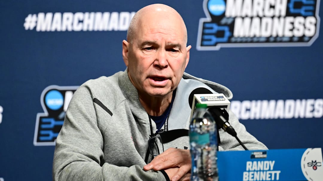 Mar 20, 2025; Cleveland, OH, USA; St. Mary's Gaels head coach Randy Bennett talk to the media before practice at Rocket Arena. Mandatory Credit: Ken Blaze-Imagn Images
