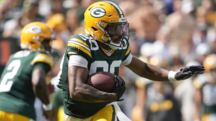 Sep 15, 2024; Green Bay, Wisconsin, USA;  Green Bay Packers wide receiver Bo Melton (80) during the game against the Indianapolis Colts at Lambeau Field.