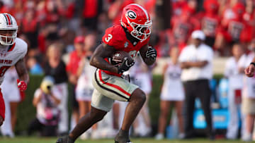 Sep 6, 2025; Athens, Georgia, USA; Georgia Bulldogs running back Nate Frazier (3) runs for a touchdown against the Austin Peay Governors in the fourth quarter.