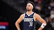 Apr 5, 2025; Inglewood, California, USA;  Dallas Mavericks guard Klay Thompson (31) looks on during the first half against the Los Angeles Clippers at Intuit Dome.