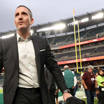 Sep 4, 2025; Philadelphia, Pennsylvania, USA; Philadelphia Eagles general manager Howie Roseman looks on before the game between the Philadelphia Eagles and the Dallas Cowboys at Lincoln Financial Field. Mandatory Credit: Bill Streicher-Imagn Images