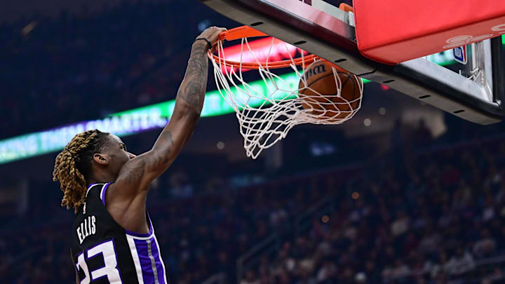 Apr 6, 2025; Cleveland, Ohio, USA; Sacramento Kings guard Keon Ellis (23) dunks during the first half against the Cleveland Cavaliers at Rocket Arena. Mandatory Credit: Ken Blaze-Imagn Images