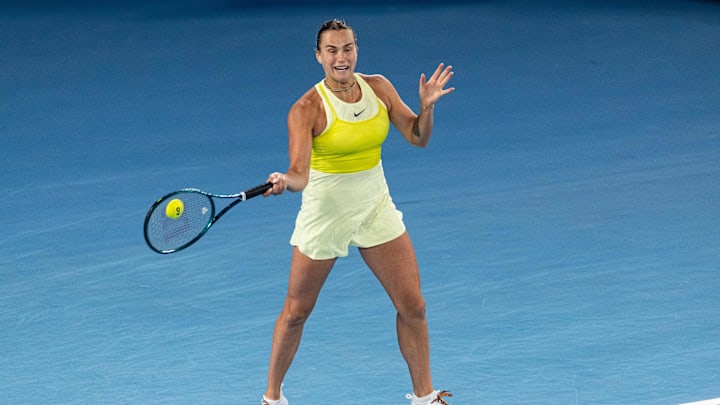 Jan 21, 2025; Melbourne, Victoria, Australia; Aryna Sabalenka hits a forehand during her match against Anastasia Pavlyuchenkova in the quarterfinals of the women's singles at the 2025 Australian Open at Melbourne Park. Mandatory Credit: Mike Frey-Imagn Images Jan 21, 2025; Melbourne, Victoria, Australia; Aryna Sabalenka hits a forehand during her match against Anastasia Pavlyuchenkova in the quarterfinals of the women's singles at the 2025 Australian Open at Melbourne Park. Mandatory Credit: Mike Frey-Imagn Images