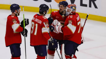Jun 10, 2024; Sunrise, Florida, USA; Florida Panthers celebrate the win against the Edmonton Oilers in game two of the 2024 Stanley Cup Final at Amerant Bank Arena. Mandatory Credit: Sam Navarro-USA TODAY Sports