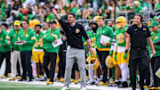 Oct 21, 2023; Eugene, Oregon, USA; Oregon Ducks head coach Dan Lanning on the sidelines against the Washington State Cougars during the second quarter at Autzen Stadium. Mandatory Credit: Craig Strobeck-USA TODAY Sports