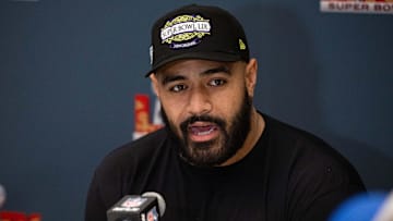 Feb 4, 2025; New Orleans, LA, USA; Philadelphia Eagles offensive tackle Jordan Mailata speaks with the media during a press conference at Hilton New Orleans Riverside. Mandatory Credit: Bill Streicher-Imagn Images