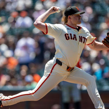 Jun 12, 2024; San Francisco, California, USA;  San Francisco Giants pitcher Logan Webb (62) throws a pitch during the first inning against the Houston Astros at Oracle Park.