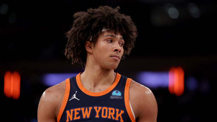 Jan 30, 2024; New York, New York, USA; New York Knicks center Jericho Sims (45) during the second quarter against the Utah Jazz at Madison Square Garden. Mandatory Credit: Brad Penner-USA TODAY Sports