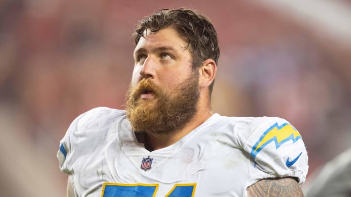 November 13, 2022; Santa Clara, California, USA; Los Angeles Chargers guard Matt Feiler (71) after the game against the San Francisco 49ers at Levi's Stadium. Mandatory Credit: Kyle Terada-USA TODAY Sports