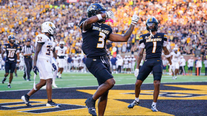 Aug 29, 2024; Columbia, Missouri, USA; Missouri Tigers wide receiver Luther Burden III (3) celebrates after scoring against the Murray State Racers during the first half at Faurot Field at Memorial Stadium. Mandatory Credit: Denny Medley-USA TODAY Sports