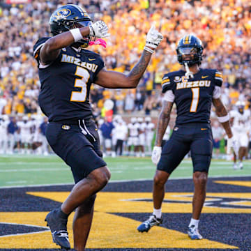 Aug 29, 2024; Columbia, Missouri, USA; Missouri Tigers wide receiver Luther Burden III (3) celebrates after scoring against the Murray State Racers during the first half at Faurot Field at Memorial Stadium. Mandatory Credit: Denny Medley-Imagn Images