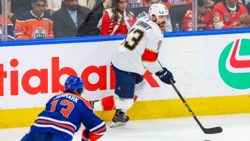 Jun 15, 2024; Edmonton, Alberta, CAN; Florida Panthers center Sam Reinhart (13) controls the puck against the Edmonton Oilers during the third period in game four of the 2024 Stanley Cup Final at Rogers Place. Mandatory Credit: Sergei Belski-USA TODAY Sports
