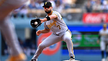 Apr 27, 2025; Los Angeles, California, USA; Pittsburgh Pirates shortstop Isiah Kiner-Falefa (7) makes an out at second during the first inning against the Los Angeles Dodgers at Dodger Stadium. Mandatory Credit: Jonathan Hui-Imagn Images