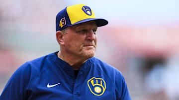Aug 17, 2025; Cincinnati, Ohio, USA; Milwaukee Brewers manager Pat Murphy (49) during the tenth inning in the game against the Cincinnati Reds at Great American Ball Park. Mandatory Credit: Katie Stratman-Imagn Images