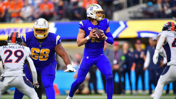 Dec 10, 2023; Inglewood, California, USA; Los Angeles Chargers quarterback Justin Herbert (10) drops back to pass